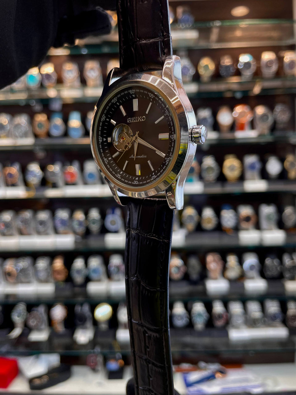 Seiko open heart black men's watch side view