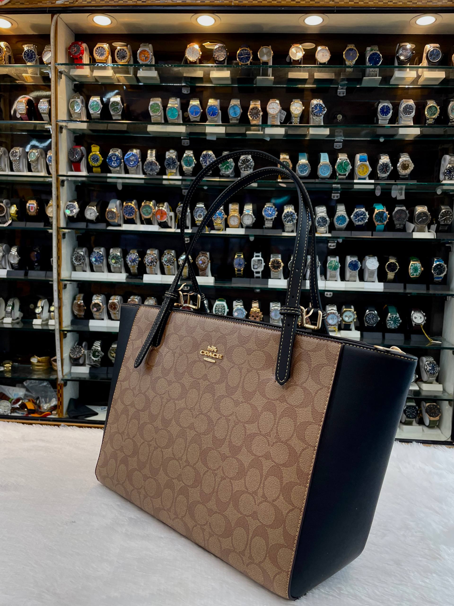 COACH MOLLIE TOTE IN SIGNATURE CANVAS WITH BLACK LEATHER MASTER PIECE 🤩