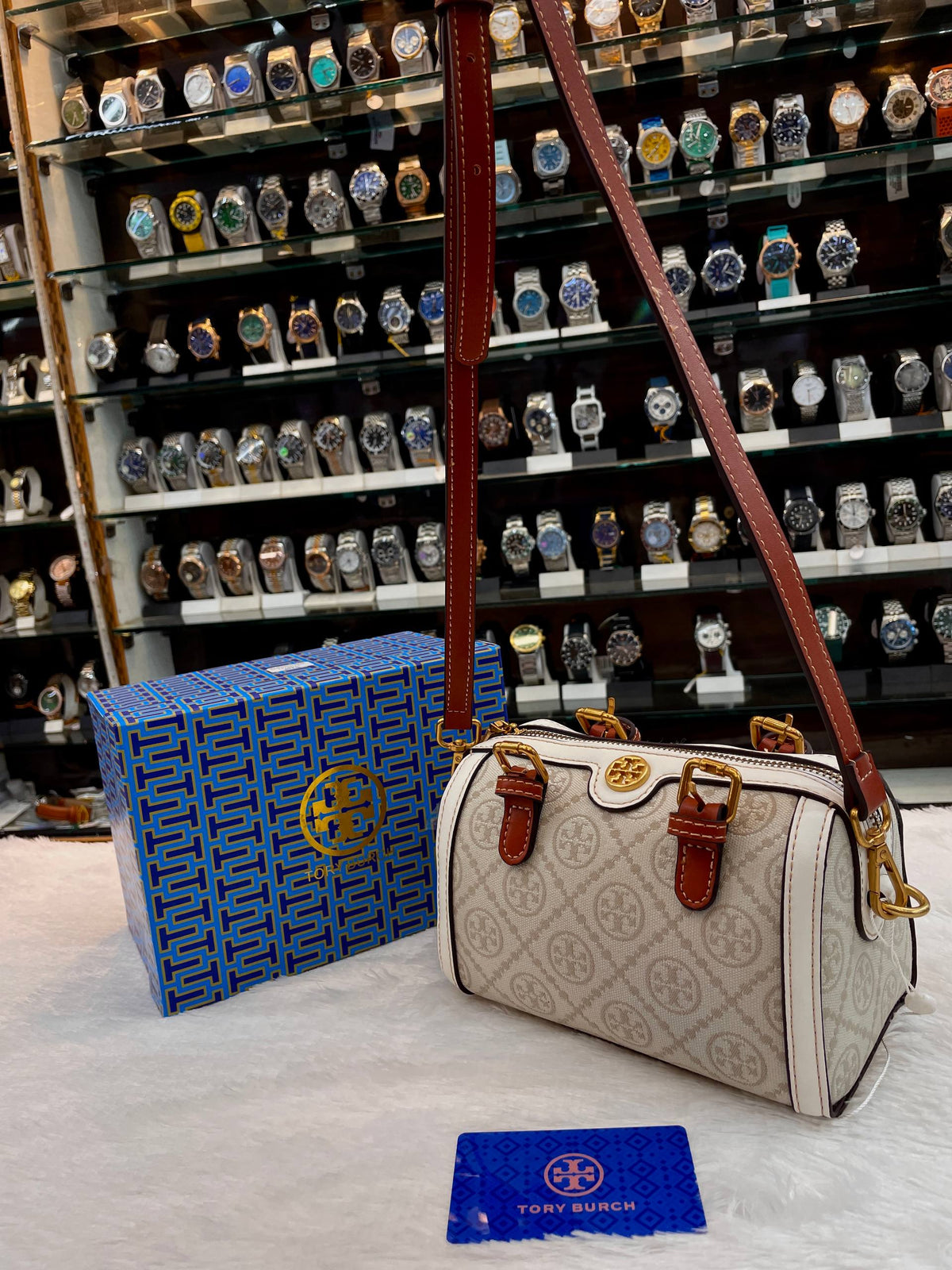 TORY BURCH T MONOGRAM PETITE BARREL BAG IN CREAM