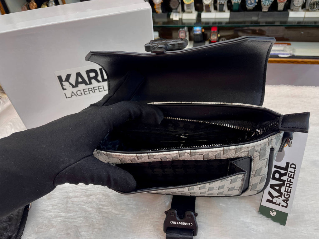 KARL LAGERFELD GEOMETRIC MONOGRAM BUCKLE CROSSBODY BAG