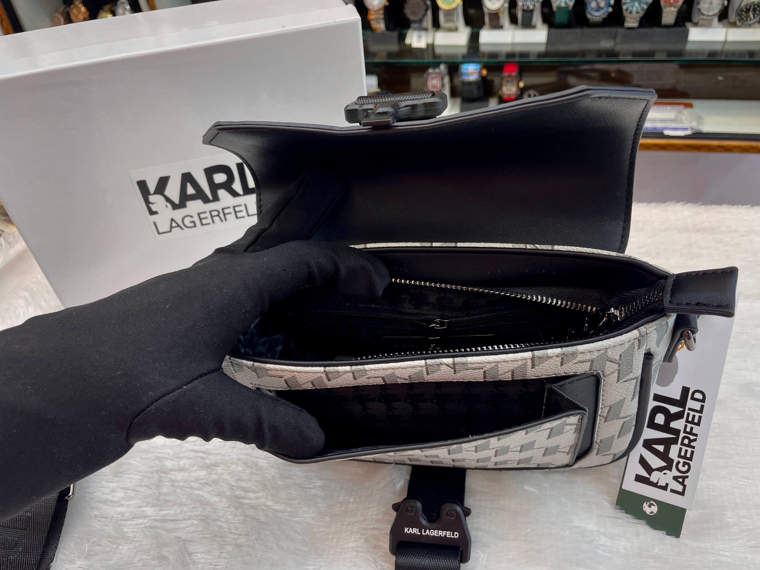 KARL LAGERFELD GEOMETRIC MONOGRAM BUCKLE CROSSBODY BAG