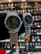 Green diamond dial matching couple watches side view