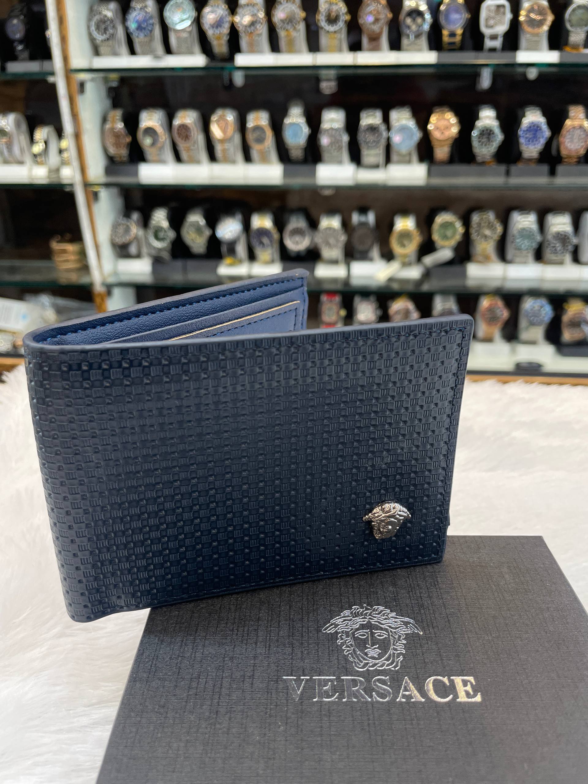 VERSACE BI-FOLD WALLET BLUE 💙 CHECKERED TEXTURE MASTER PIECE 🤩