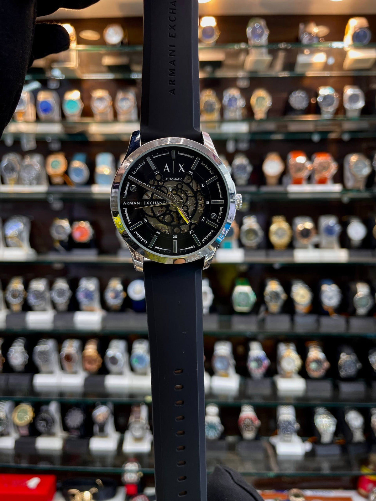 Armani Exchange automatic black watch close up