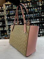 COACH MOLLIE TOTE IN SIGNATURE CANVAS WITH PINK 🩷 LEATHER MASTER PIECE 🤩 BABY PINK 🩷 X BROWN 🟤 CANVAS PRINT 🐾