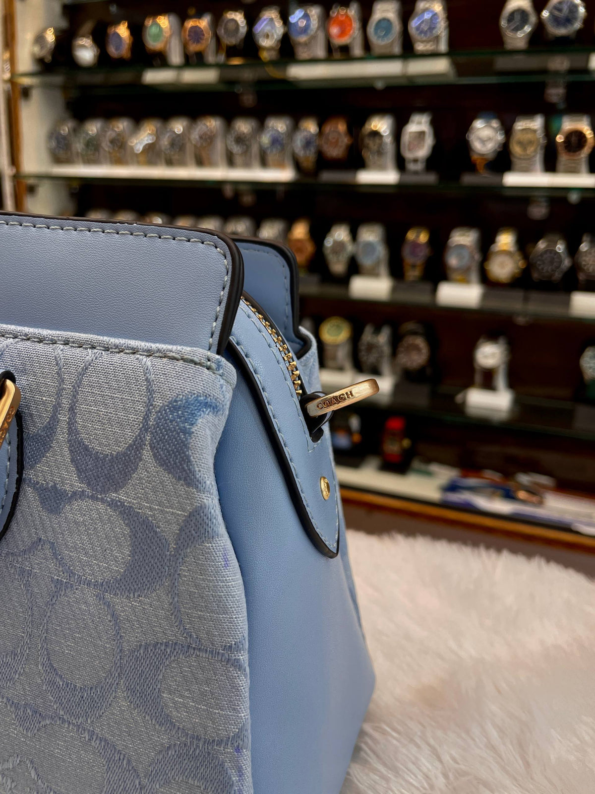 COACH DARCIE CARRYALL IN BLOCKED SIGNATURE CANVAS SKY BLUE 💙