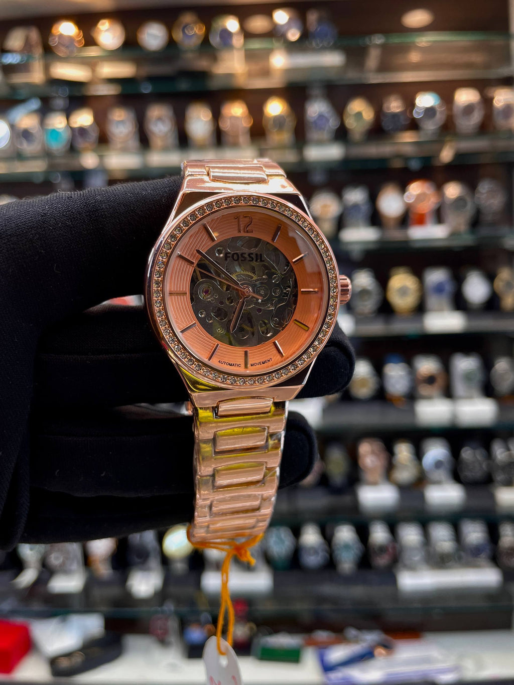 Fossil automatic rose gold watch close up