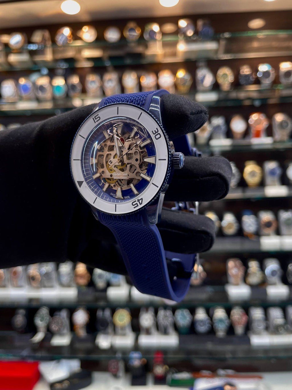 Rado Captain Cook blue transparent dial watch side view