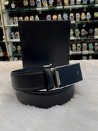MONT BLANC MEN'S BLACK 🖤 LEATHER BELT WITH A SILVER 🥈 BUCKLE. MASTER PIECE 🤩 BLACK 🖤 TEXTURE FRONT