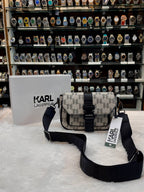 KARL LAGERFELD GEOMETRIC MONOGRAM BUCKLE CROSSBODY BAG