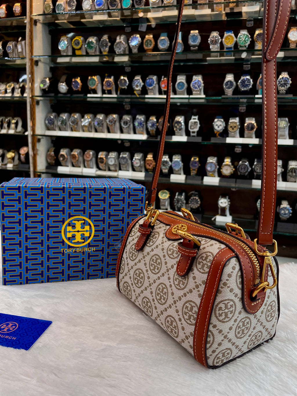 TORY BURCH T MONOGRAM PETITE BARREL BAG IN CREAM JACQUARD FABRIC