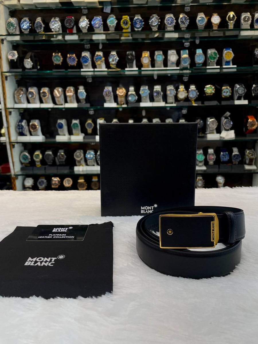 MONT BLANC MEN'S BLACK 🖤 LEATHER BELT WITH A GOLD BUCKLE. MASTER PIECE 🤩