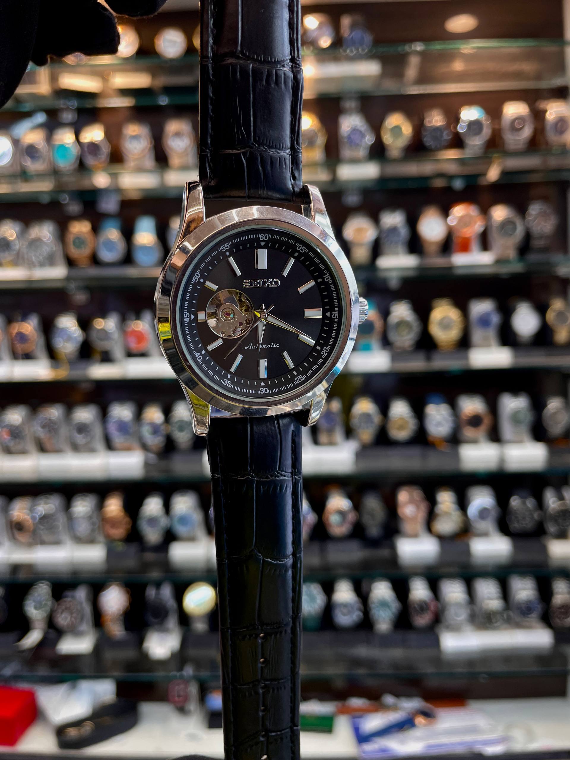 Seiko mechanical open heart watch close up