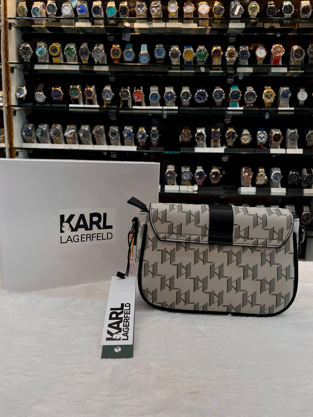 KARL LAGERFELD GEOMETRIC MONOGRAM BUCKLE CROSSBODY BAG