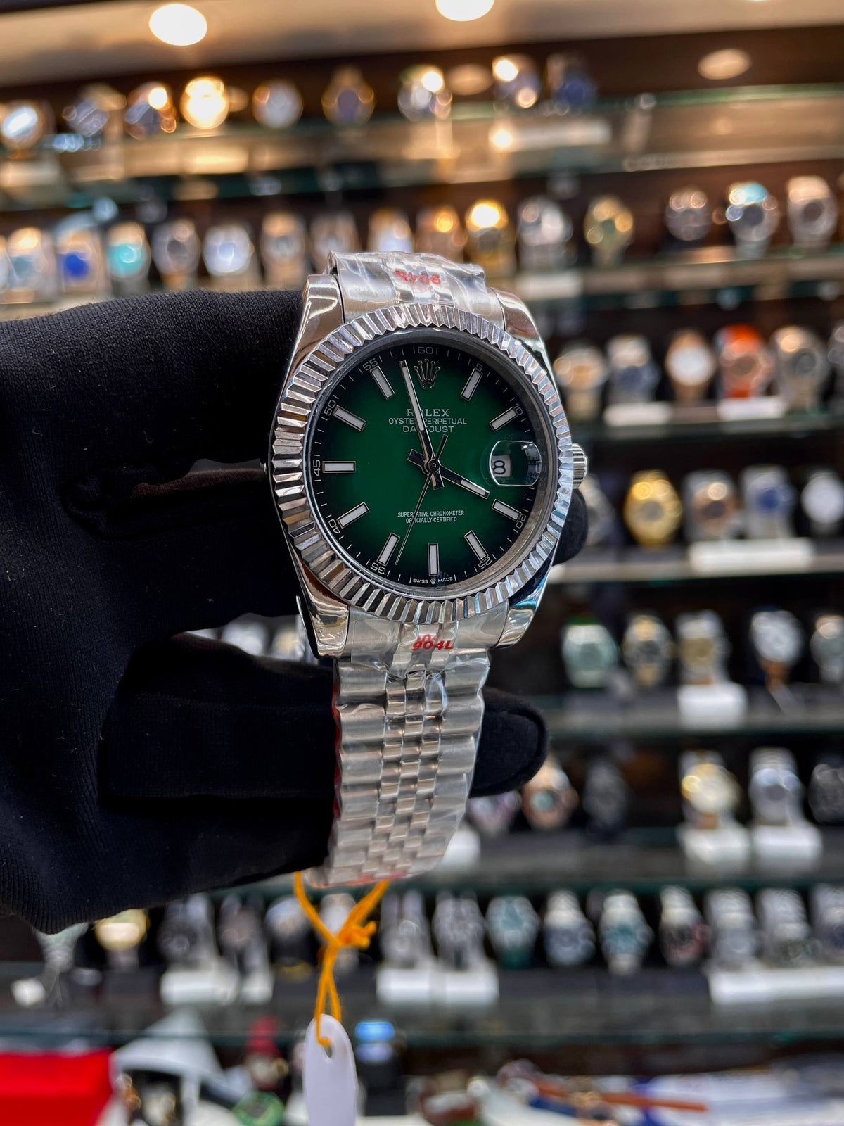 Rolex Datejust green men's watch angled view