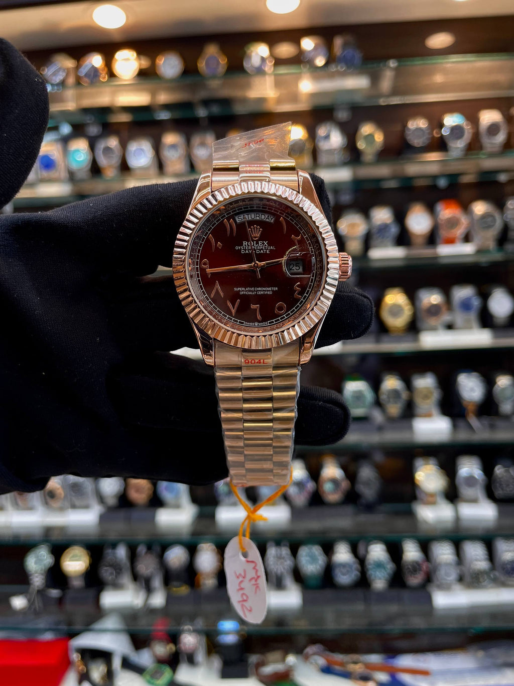 Rolex Day-Date automatic Arabic dial brown watch for men front view