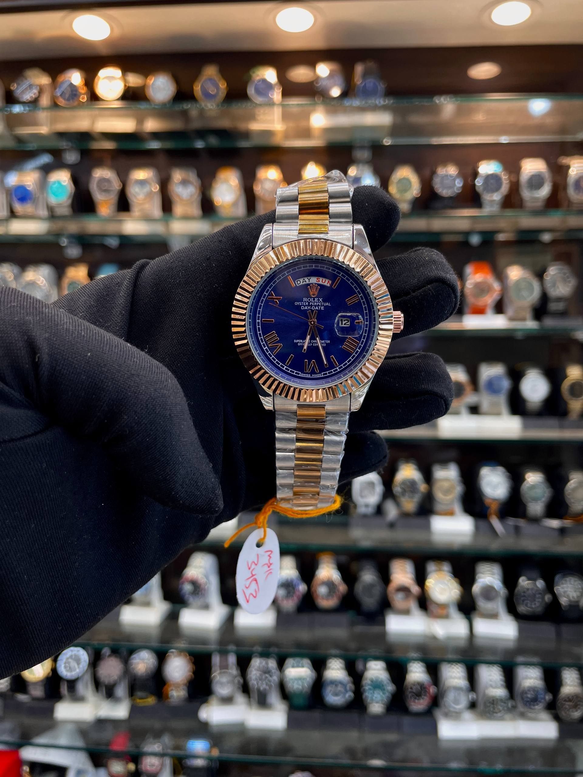 Rolex Day-Date dual tone blue dial watch for men front view