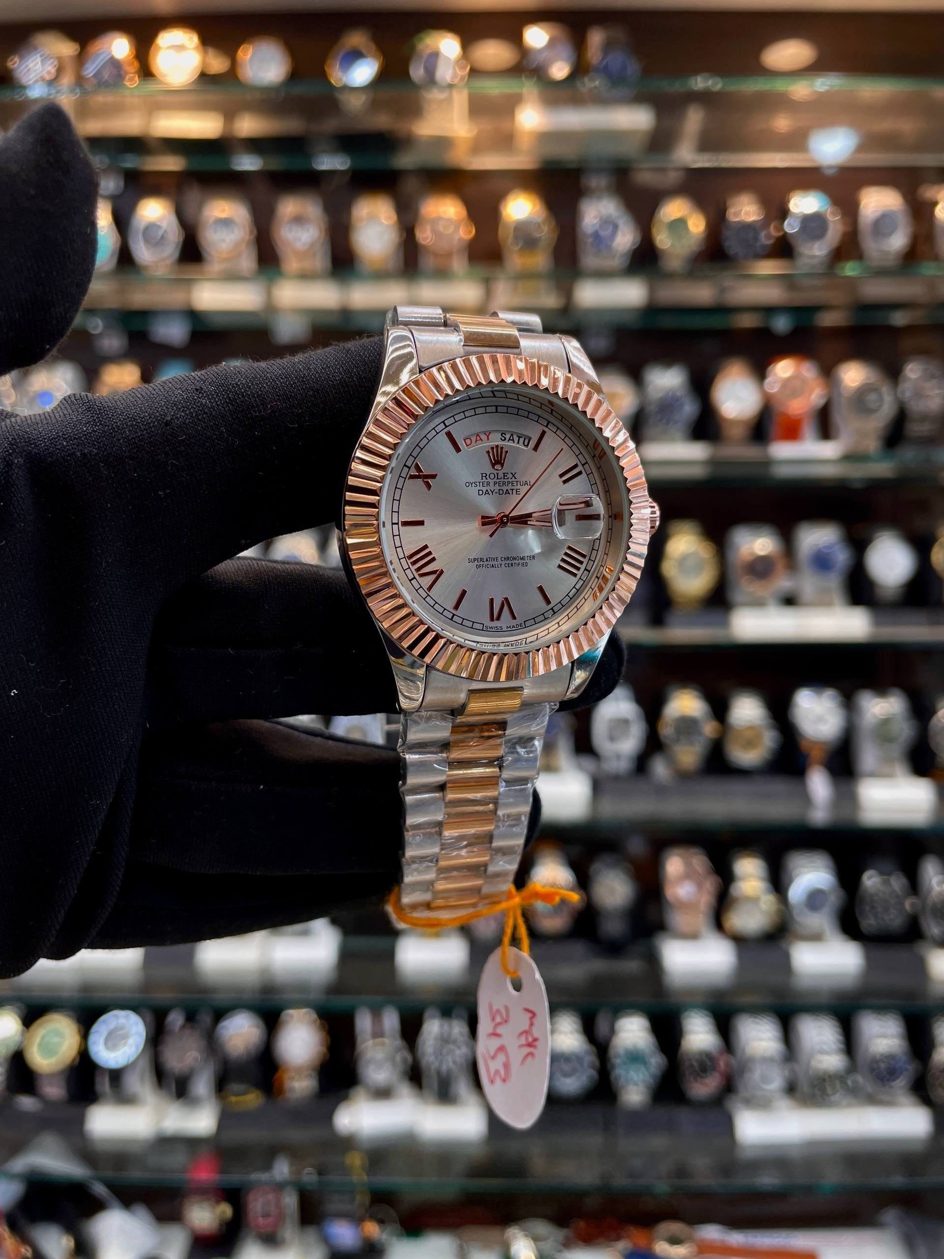Rolex Day-Date white dial watch close up