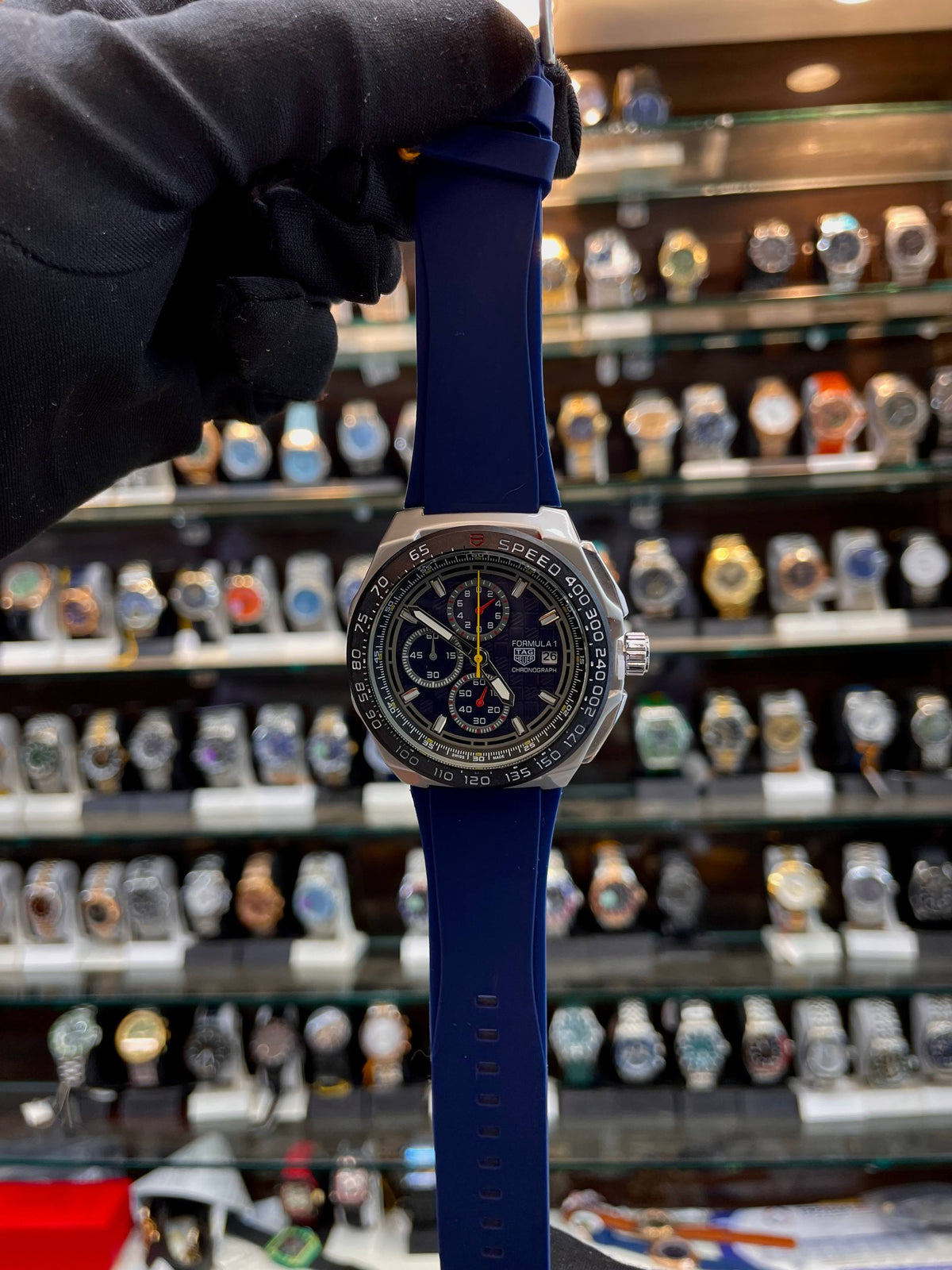TAG Heuer Formula 1 chronograph blue silicon watch front view