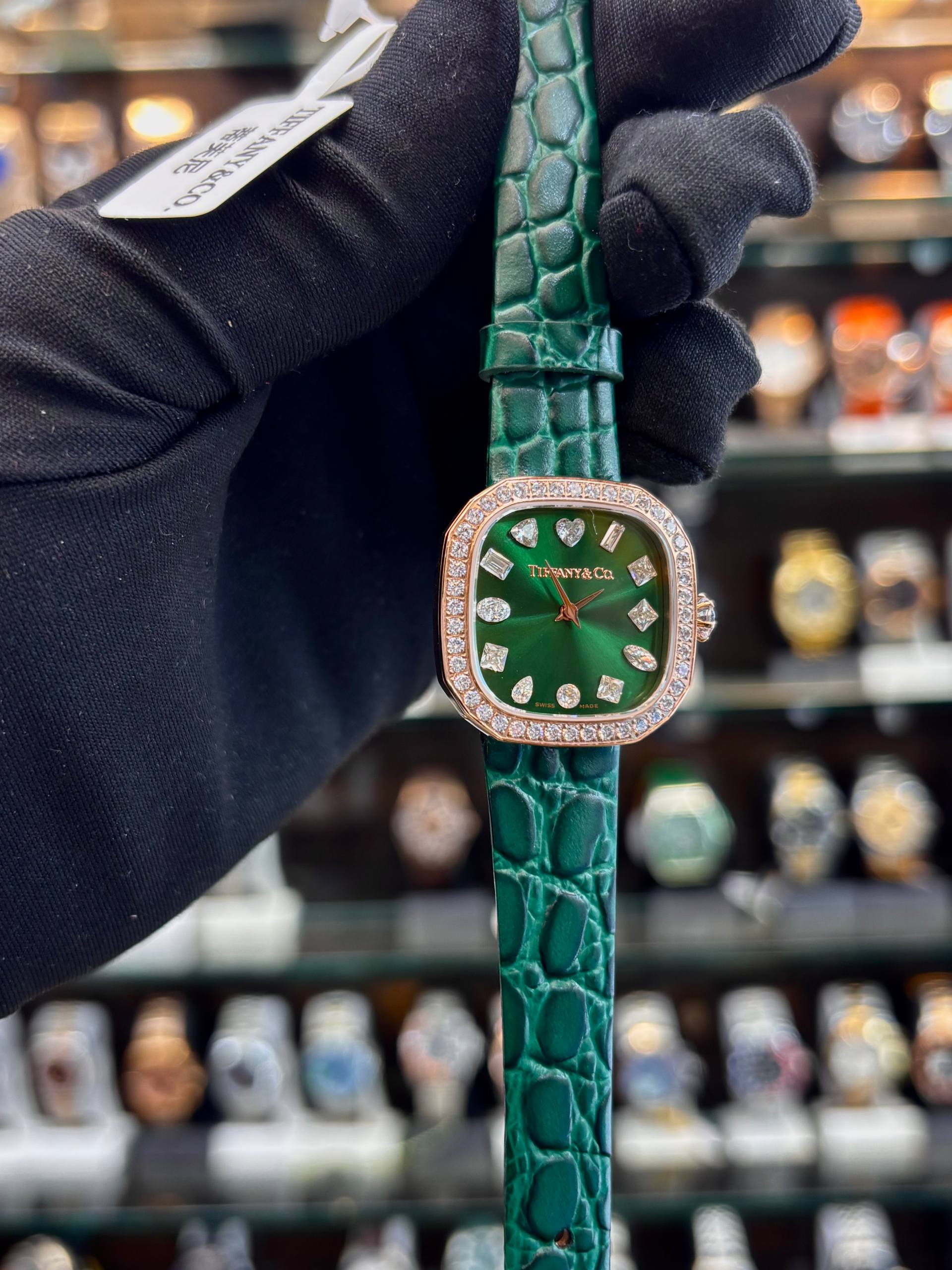 Tiffany & Co green luxury watch dial close up