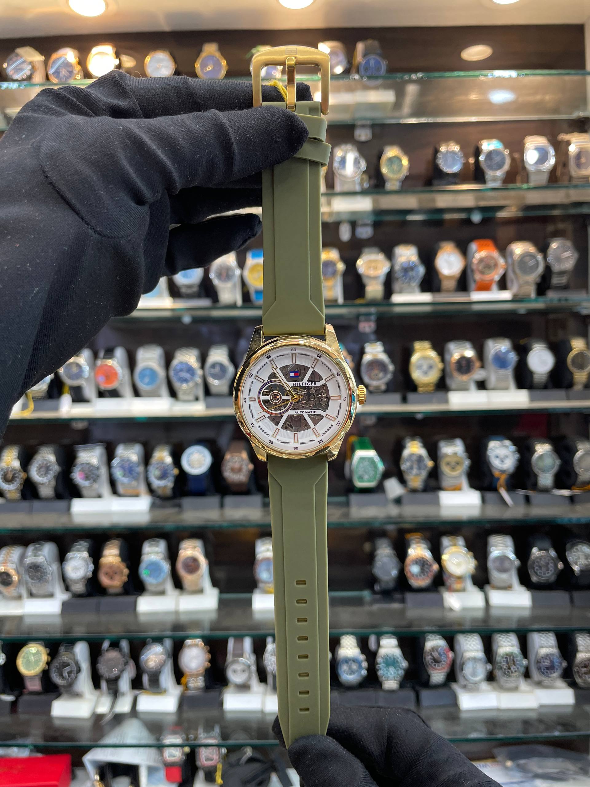 Tommy Hilfiger automatic green silicon watch front view