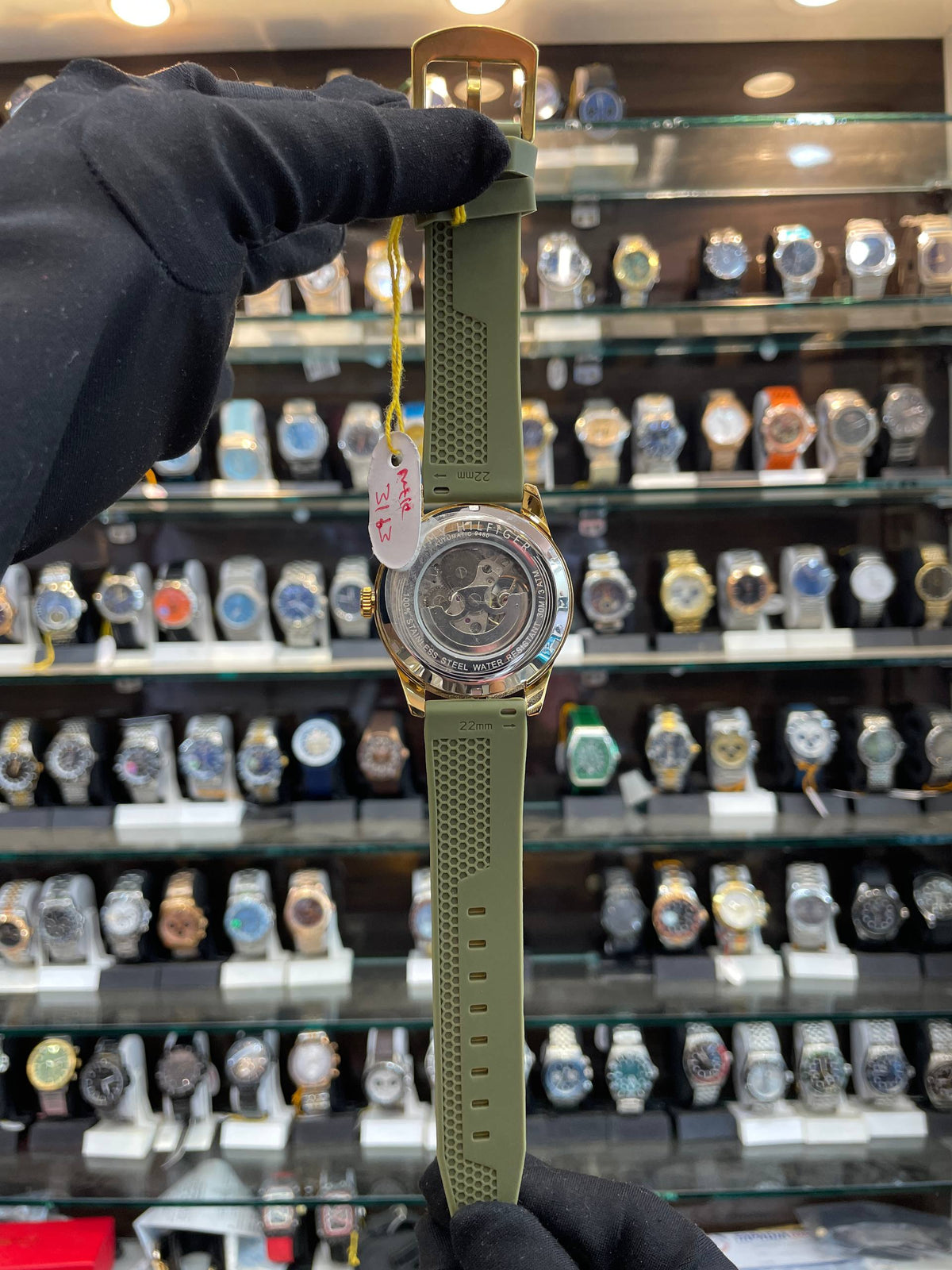 Tommy Hilfiger green silicon strap watch back view